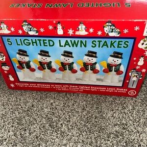 Vintage 5 Lighted Snowman Blow Mold Lawn Stakes  Set  In Box